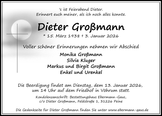 Traueranzeige von Dieter Großmann von Peiner Allgemeine Zeitung