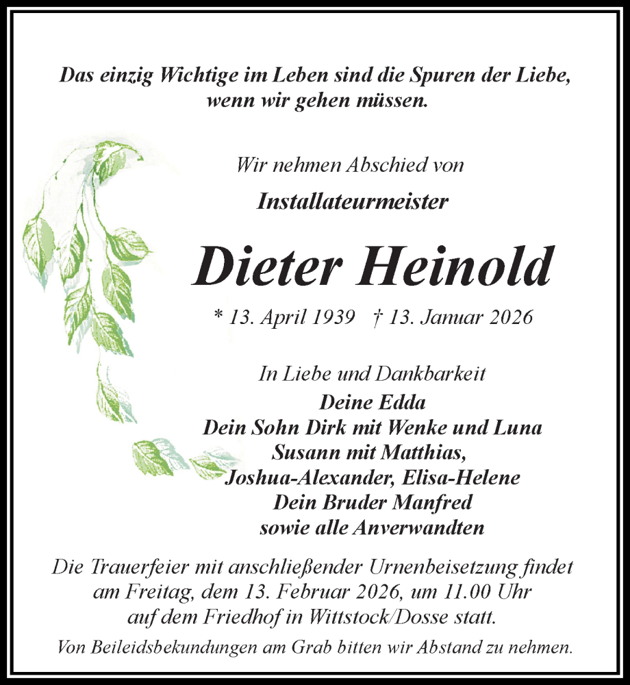  Traueranzeige für Dieter Heinold vom 24.01.2026 aus Wochenspiegel