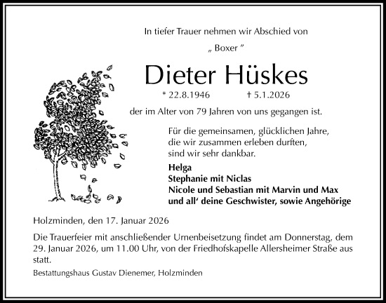 Traueranzeige von Dieter Hüskes von Täglicher Anzeiger Holzminden