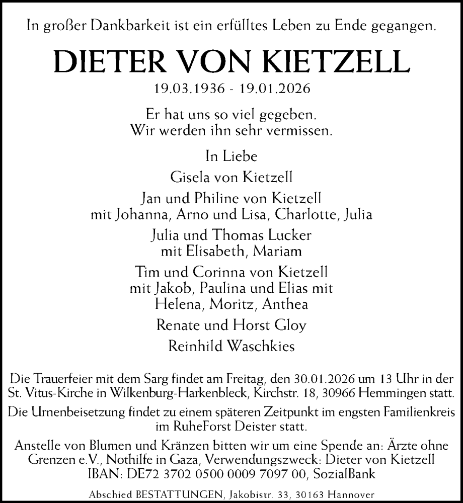  Traueranzeige für Dieter von Kietzell vom 24.01.2026 aus Hannoversche Allgemeine Zeitung/Neue Presse