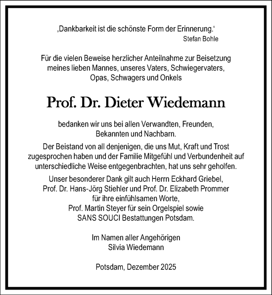 Traueranzeige von Dieter Wiedemann von Märkischen Allgemeine Zeitung