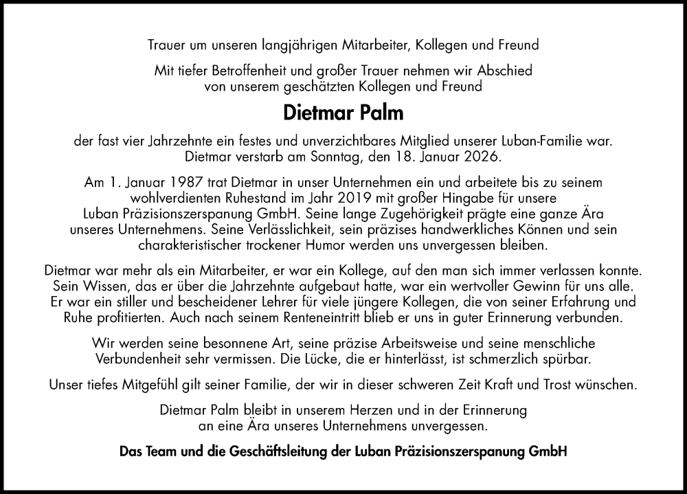  Traueranzeige für Dietmar Palm vom 31.01.2026 aus Märkischen Allgemeine Zeitung
