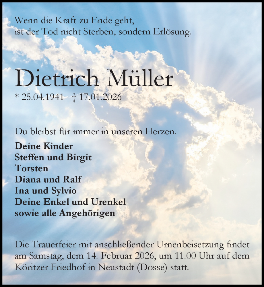  Traueranzeige für Dietrich Müller vom 24.01.2026 aus Wochenspiegel