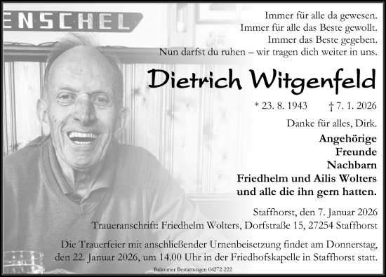 Traueranzeige von Dietrich Witgenfeld von Die Harke