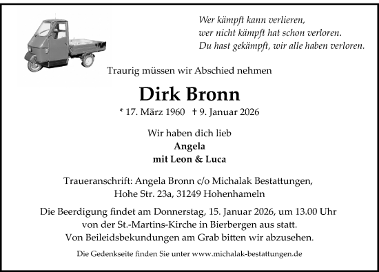 Traueranzeige von Dirk Bronn von Peiner Allgemeine Zeitung