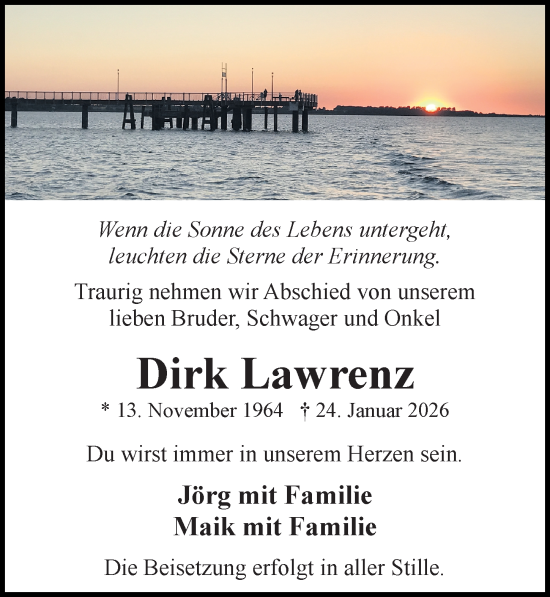 Traueranzeige von Dirk Lawrenz von Ostsee-Zeitung GmbH