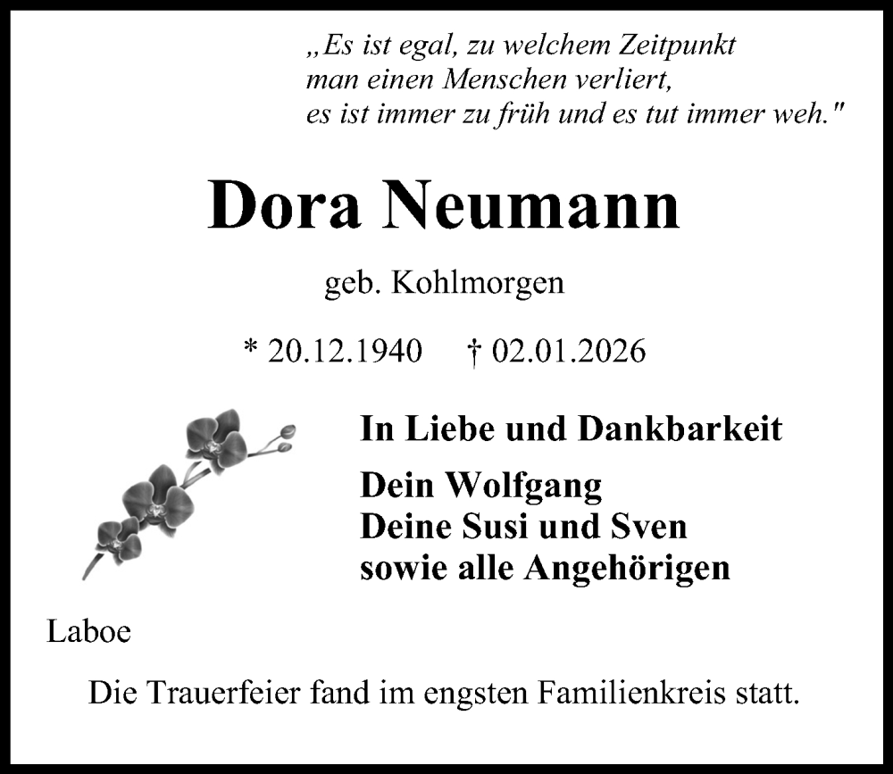  Traueranzeige für Dora Neumann vom 13.01.2026 aus Kieler Nachrichten