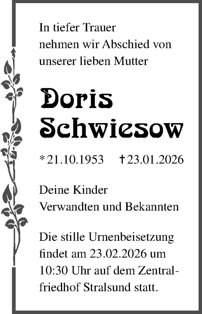  Traueranzeige für Doris Schwiesow vom 31.01.2026 aus Ostsee-Zeitung GmbH