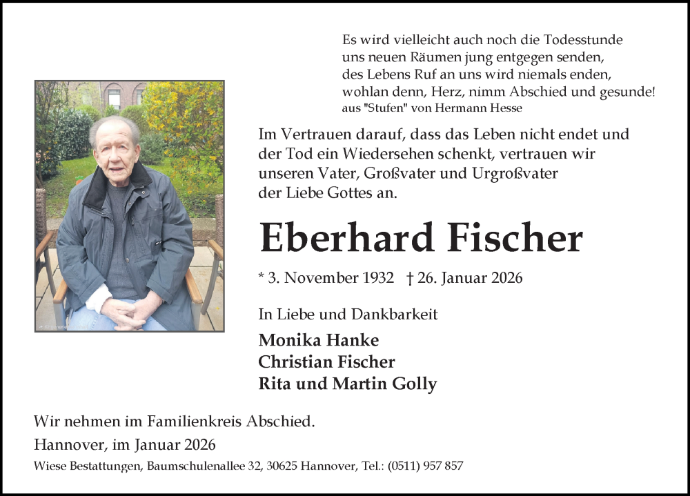  Traueranzeige für Eberhard Fischer vom 31.01.2026 aus Hannoversche Allgemeine Zeitung/Neue Presse