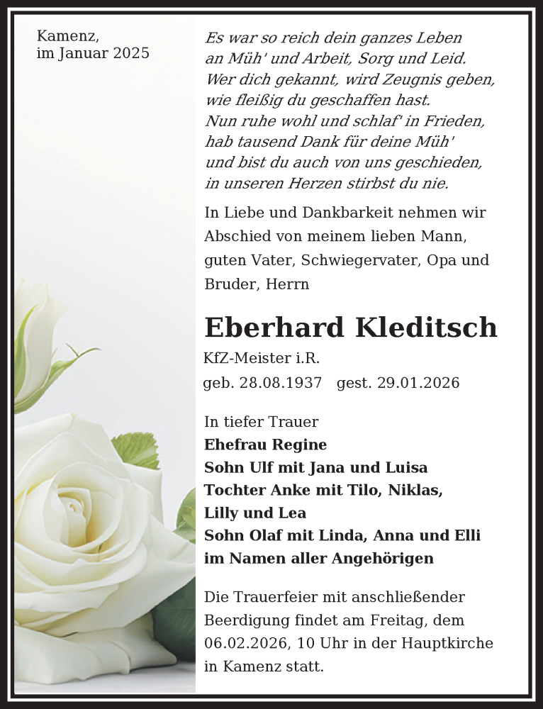  Traueranzeige für Eberhard Kleditsch vom 31.01.2026 aus Sächsische Zeitung