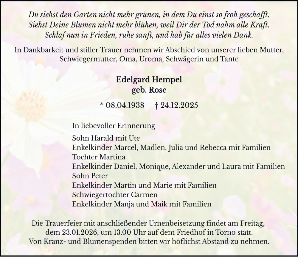  Traueranzeige für Edelgard Hempel vom 10.01.2026 aus Sächsische Zeitung