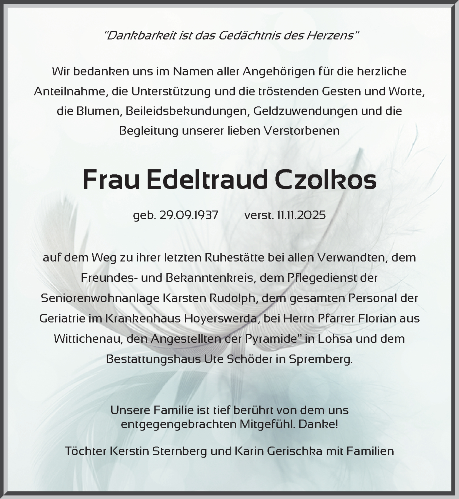  Traueranzeige für Edeltraud Czolkos vom 17.01.2026 aus Sächsische Zeitung