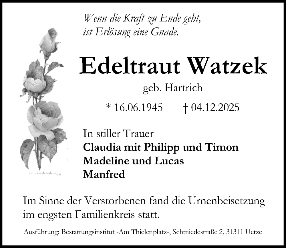  Traueranzeige für Edeltraut Watzek vom 17.01.2026 aus Peiner Allgemeine Zeitung