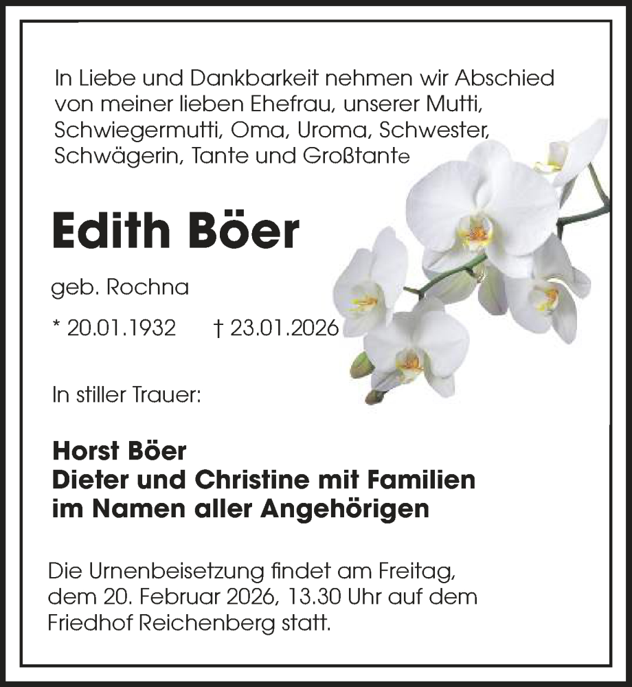  Traueranzeige für Edith Böer vom 31.01.2026 aus Sächsische Zeitung