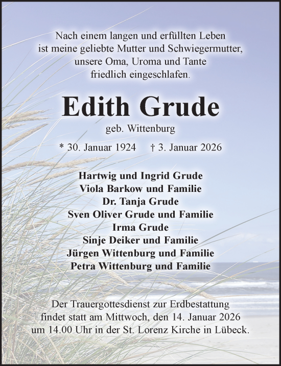 Traueranzeige von Edith Grude von Lübecker Nachrichten