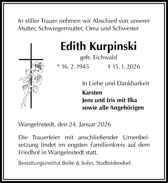 Traueranzeige von Edith Kurpinski von Täglicher Anzeiger Holzminden