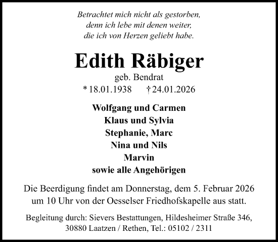 Traueranzeige von Edith Räbiger von Hannoversche Allgemeine Zeitung/Neue Presse