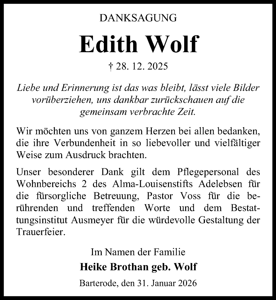  Traueranzeige für Edith Wolf vom 31.01.2026 aus Göttinger Tageblatt