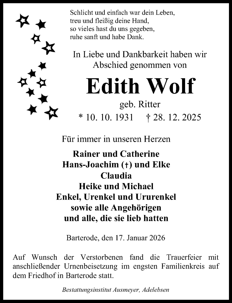  Traueranzeige für Edith Wolf vom 17.01.2026 aus Göttinger Tageblatt