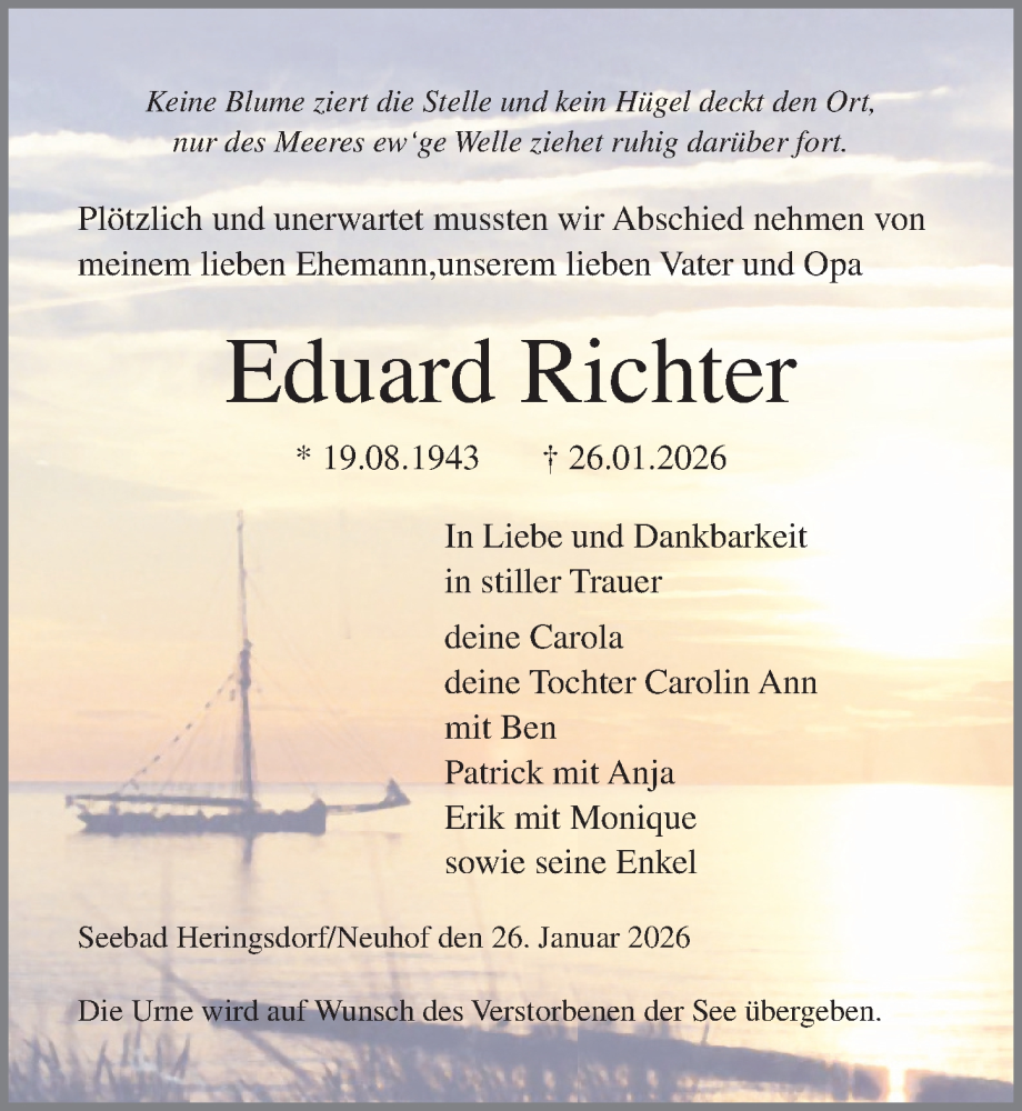  Traueranzeige für Eduard Richter vom 31.01.2026 aus Ostsee-Zeitung GmbH