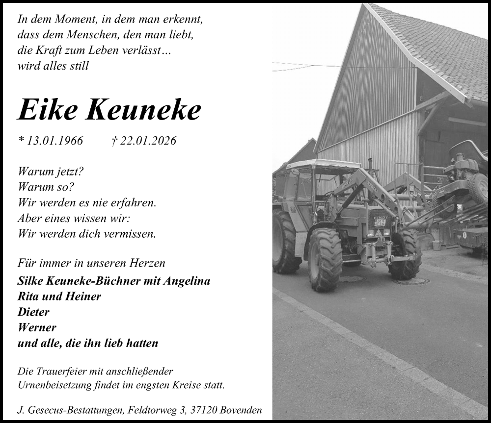  Traueranzeige für Eike Keuneke vom 31.01.2026 aus Göttinger Tageblatt