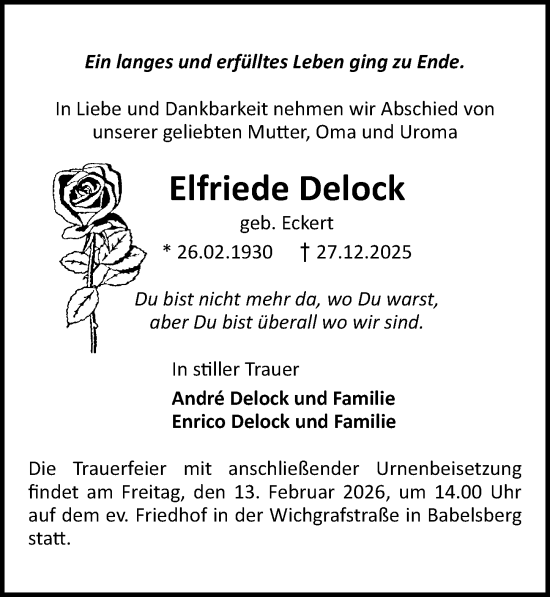 Traueranzeige von Elfriede Delock von Märkischen Allgemeine Zeitung