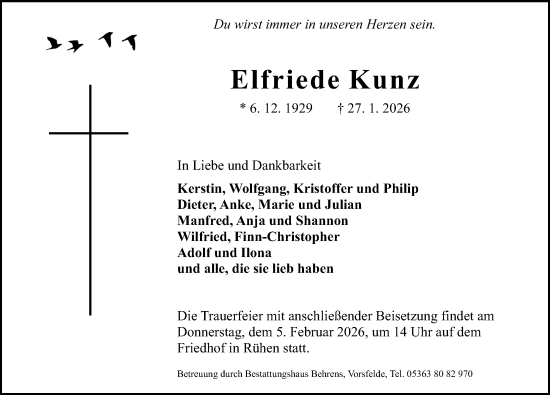 Traueranzeige von Elfriede Kunz von Aller Zeitung