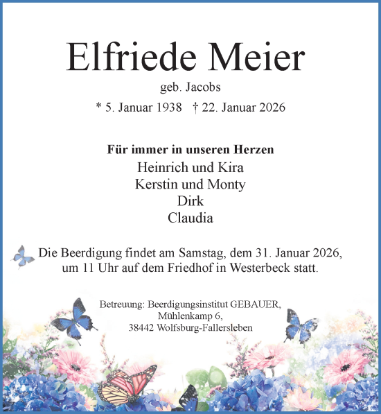 Traueranzeige von Elfriede Meier von Aller Zeitung
