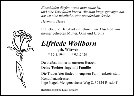 Traueranzeige von Elfriede Wollborn von Göttinger Tageblatt