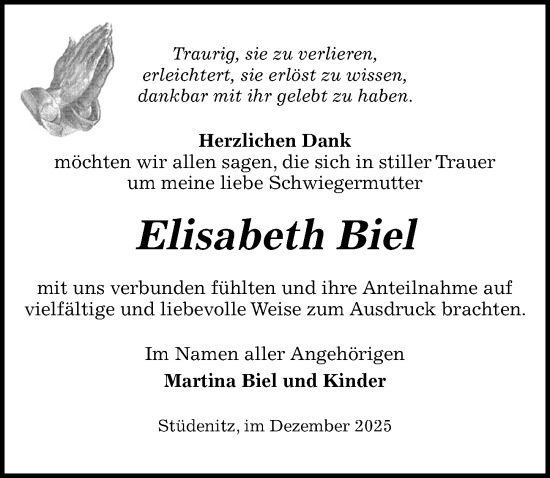 Traueranzeige von Elisabeth Biel von Wochenspiegel