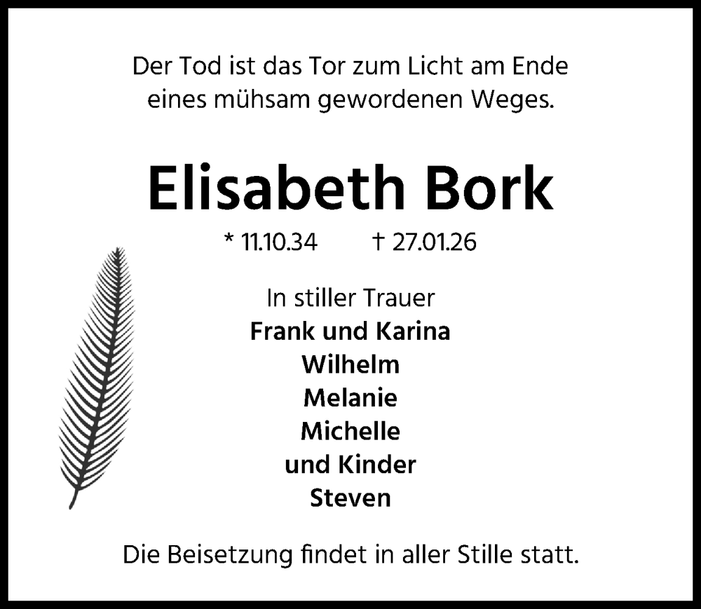  Traueranzeige für Elisabeth Bork vom 31.01.2026 aus Peiner Allgemeine Zeitung