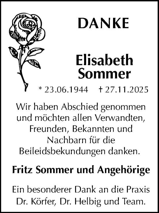 Traueranzeige von Elisabeth Sommer von Peiner Allgemeine Zeitung