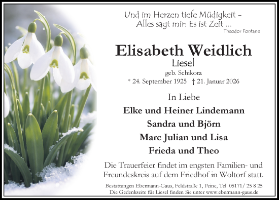 Traueranzeige von Elisabeth Weidlich von Peiner Allgemeine Zeitung