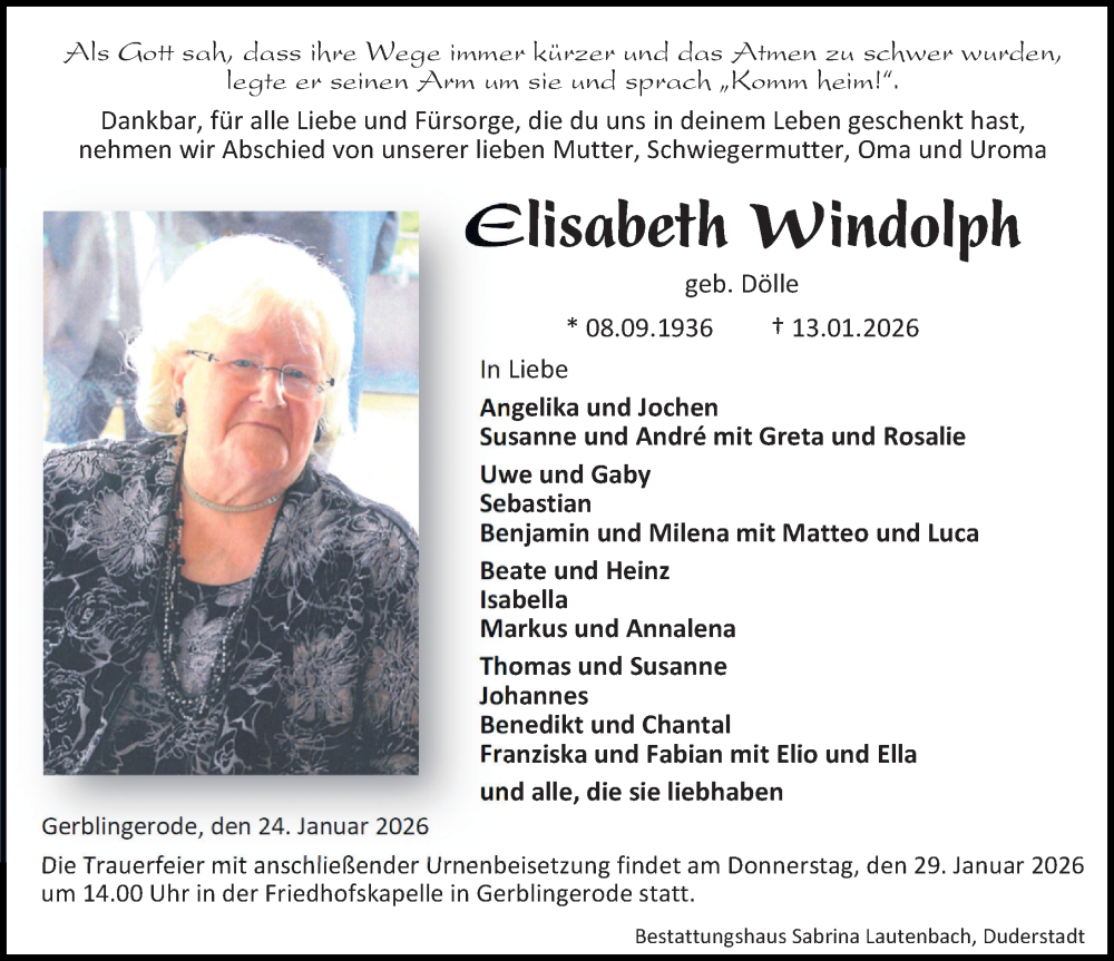 Traueranzeige für Elisabeth Windolph vom 24.01.2026 aus Eichsfelder Tageblatt