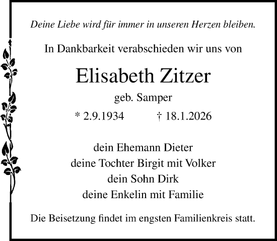 Traueranzeige von Elisabeth Zitzer von Ostsee-Zeitung GmbH