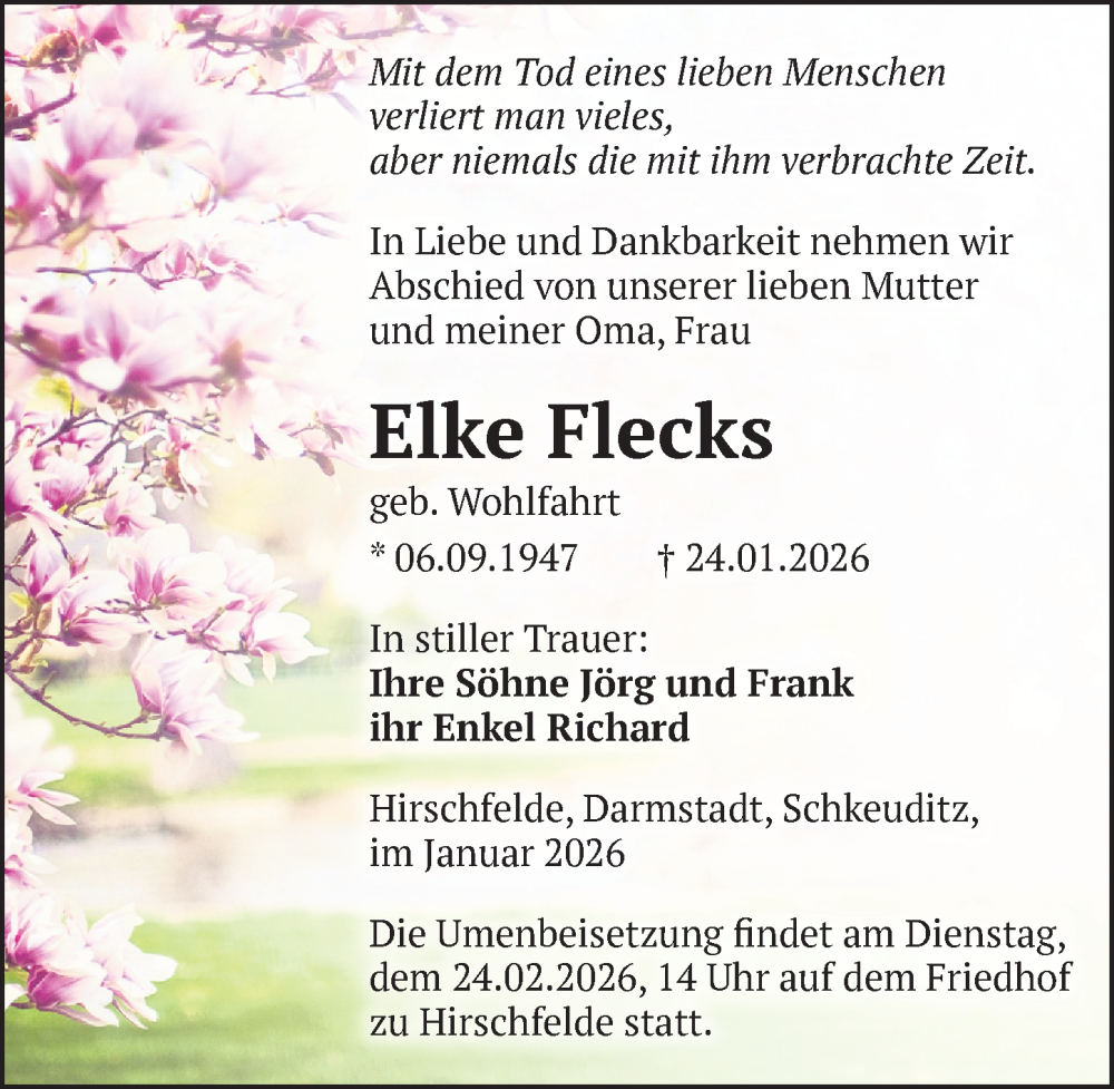  Traueranzeige für Elke Flecks vom 31.01.2026 aus Sächsische Zeitung