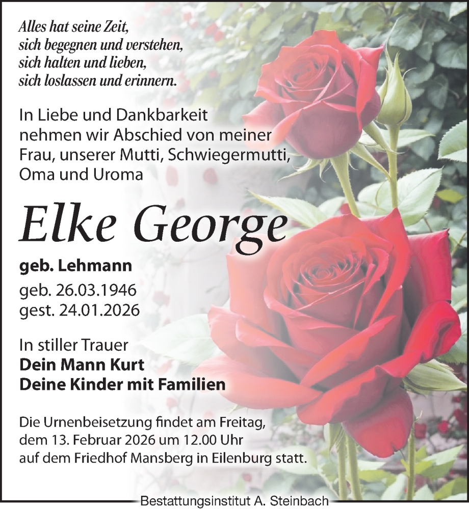  Traueranzeige für Elke George vom 31.01.2026 aus Leipziger Volkszeitung