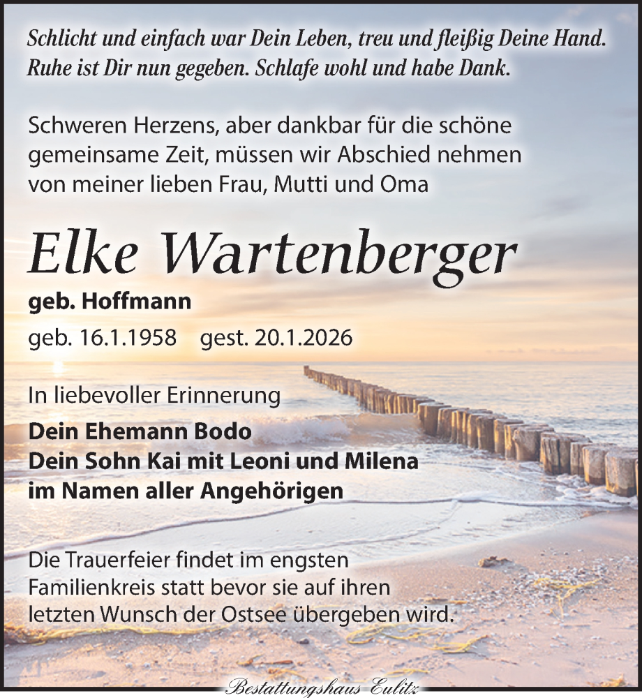  Traueranzeige für Elke Wartenberger vom 31.01.2026 aus Torgauer Zeitung