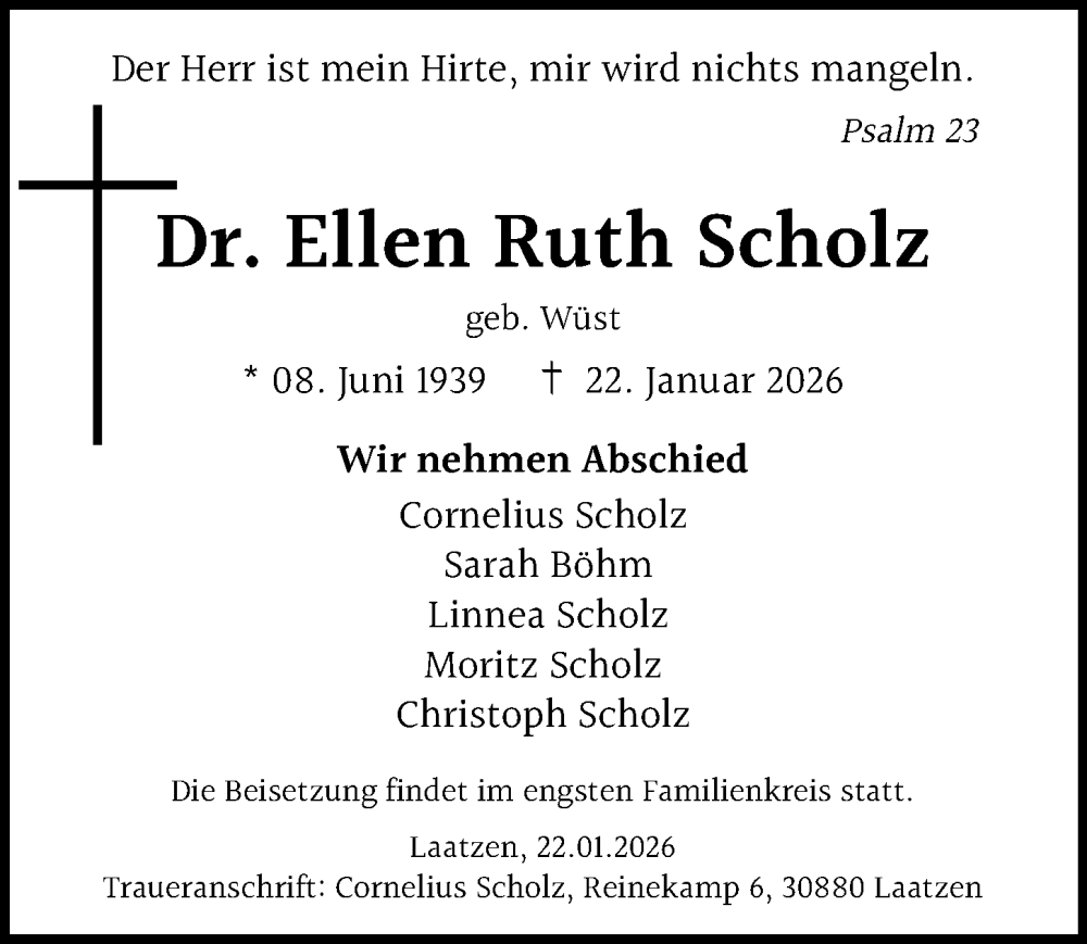  Traueranzeige für Ellen Ruth Scholz vom 31.01.2026 aus Hannoversche Allgemeine Zeitung/Neue Presse