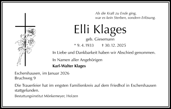 Traueranzeige von Elli Klages von Täglicher Anzeiger Holzminden