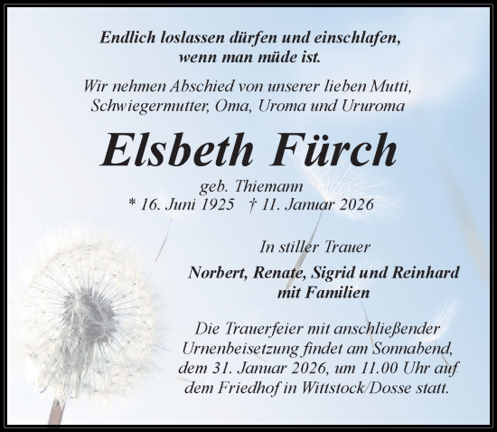 Traueranzeige von Elsbeth Fürch von Wochenspiegel