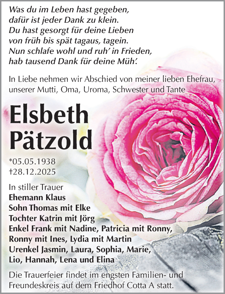  Traueranzeige für Elsbeth Pätzold vom 10.01.2026 aus Sächsische Zeitung