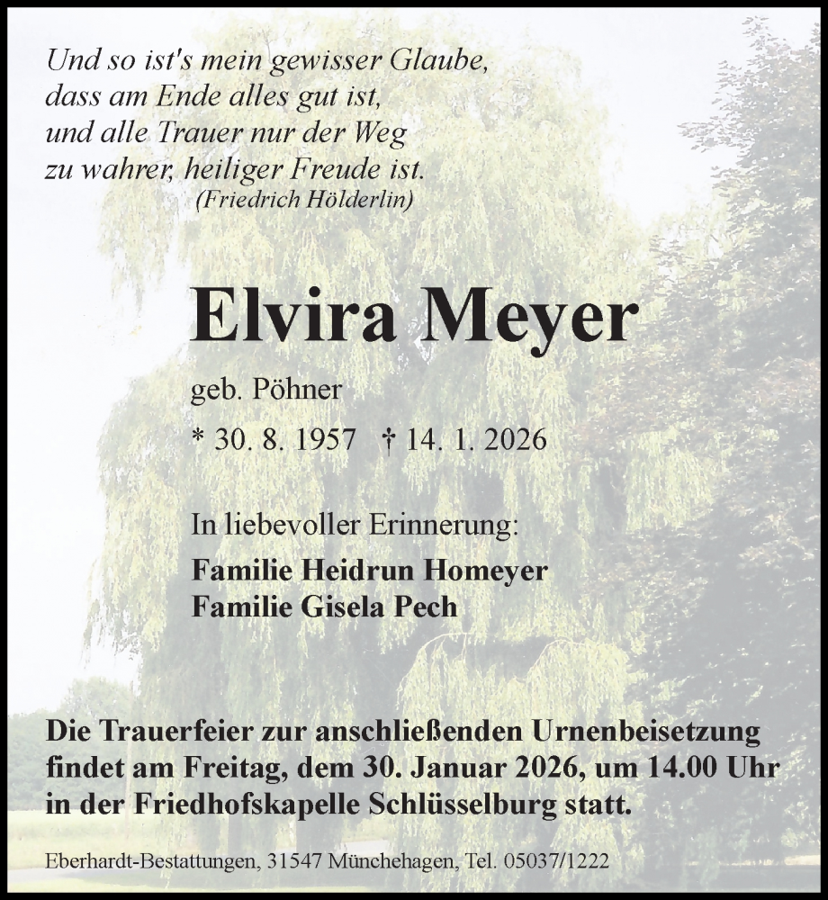  Traueranzeige für Elvira Meyer vom 24.01.2026 aus Die Harke