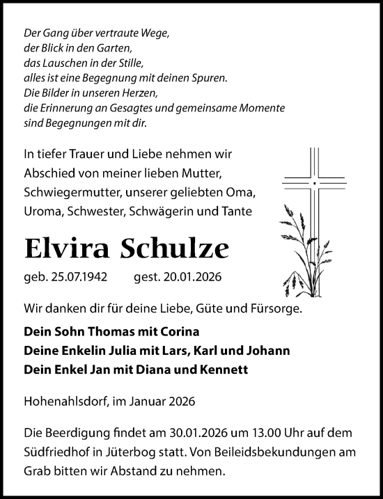 Traueranzeige von Elvira Schulze von Märkischen Allgemeine Zeitung