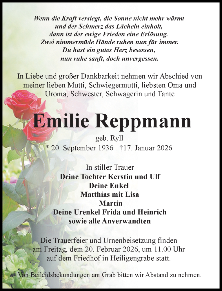  Traueranzeige für Emilie Reppmann vom 31.01.2026 aus Wochenspiegel
