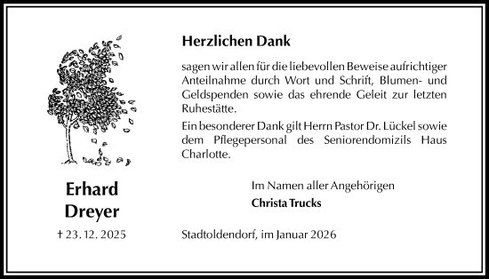 Traueranzeige von Erhard Dreyer von Täglicher Anzeiger Holzminden