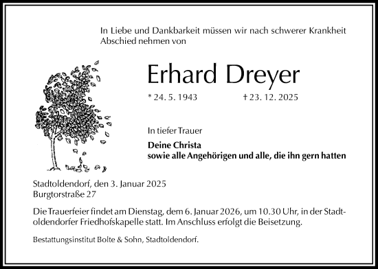 Traueranzeige von Erhard Dreyer von Täglicher Anzeiger Holzminden