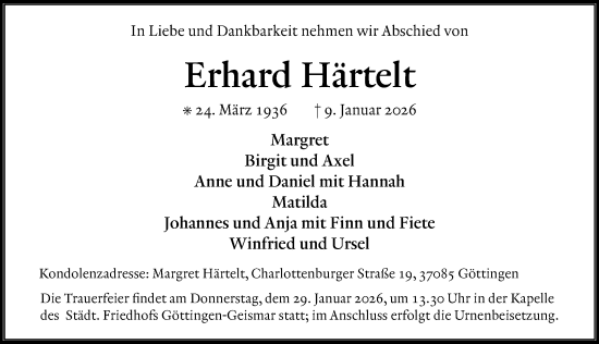 Traueranzeige von Erhard Härtelt von Göttinger Tageblatt