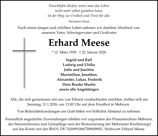 Traueranzeige von Erhard Meese von Peiner Allgemeine Zeitung