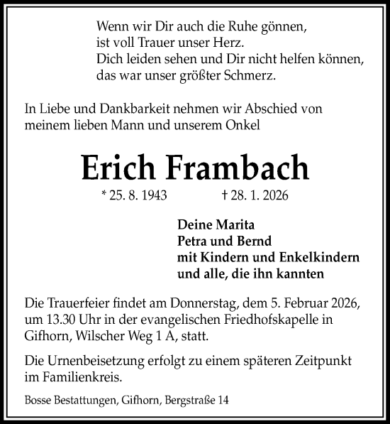 Traueranzeige von Erich Frambach von Aller Zeitung